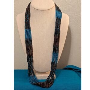 Brown & Blue Seed Bead Multi Strand Necklace With Woven Stations